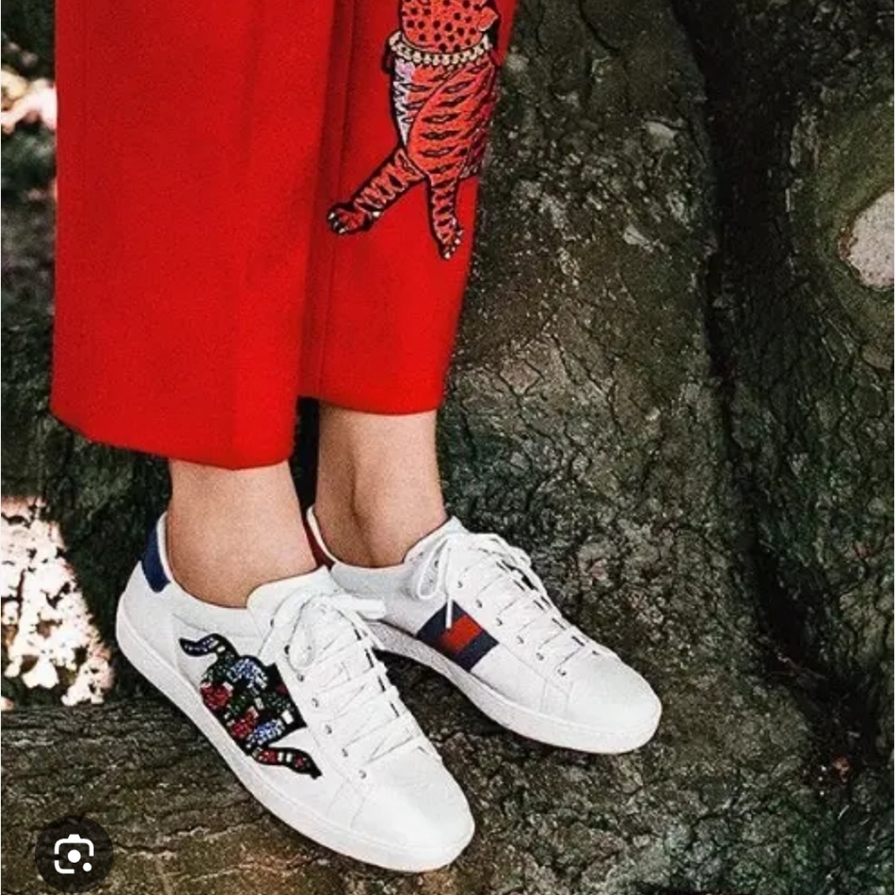 Gucci Ace Embroidered Crystal Snake White Leather Sneakers